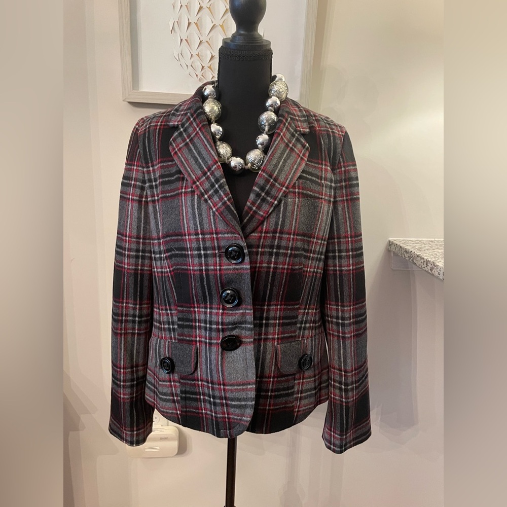 Talbots Black, Gray, and Red Plaid Blazer Size 16